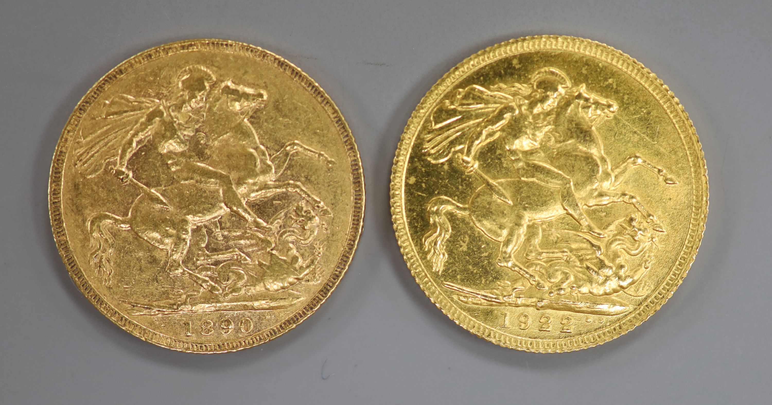 Two gold sovereigns, 1890 & 1922.